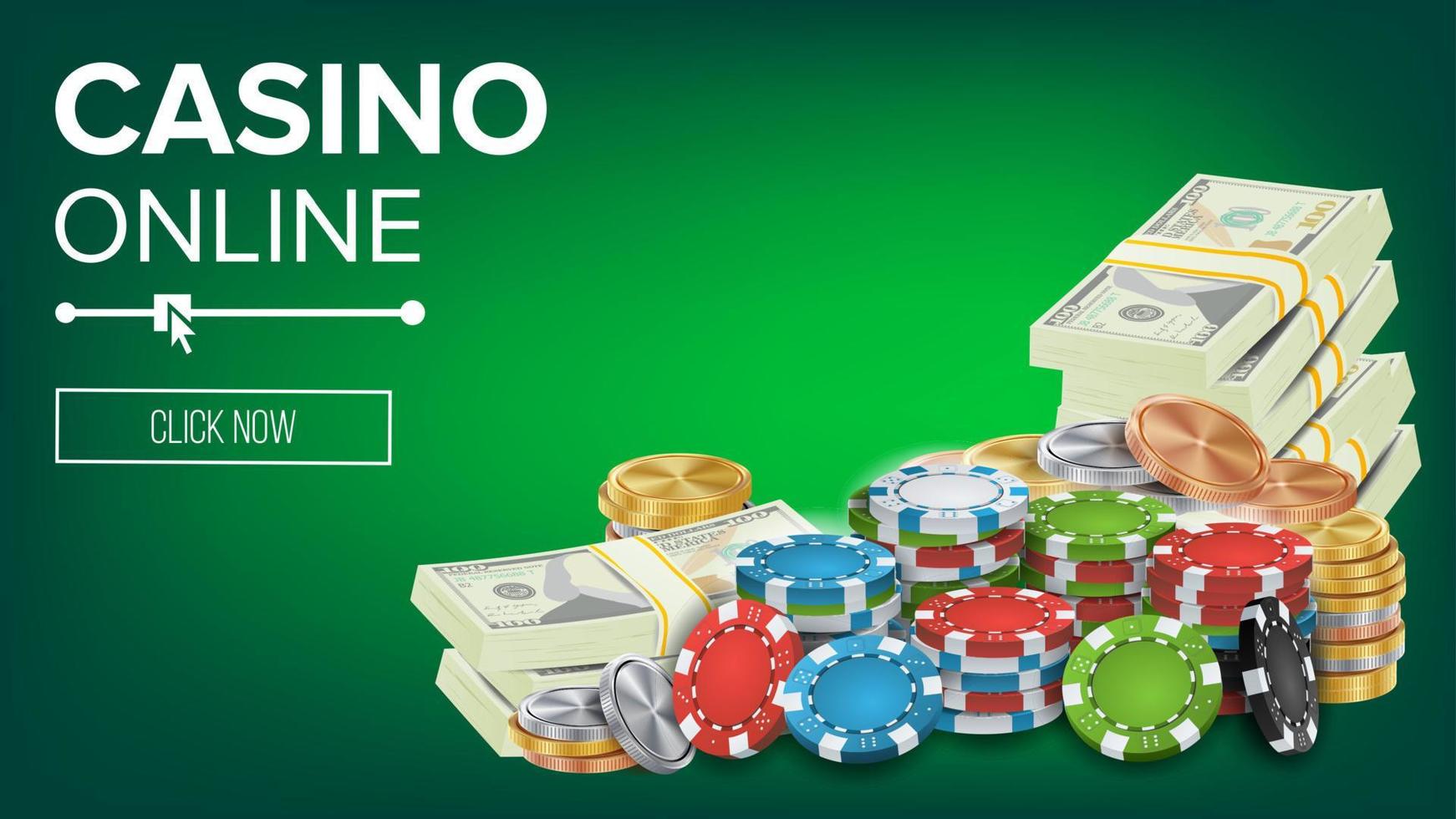 vector de banner de casino. cartel de banner de casino de juego de póquer en línea. fichas brillantes, monedas de dólar, billetes. símbolo de la suerte del ganador. cartelera de casino jackpot, señalización, ilustración de carteles de lujo de marketing.