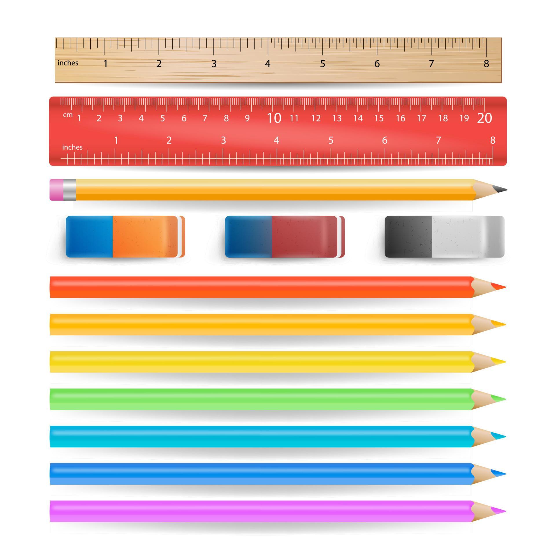 Colored Pencils, Eraser, Measuring Ruler Isolated Set Vector. Realistic