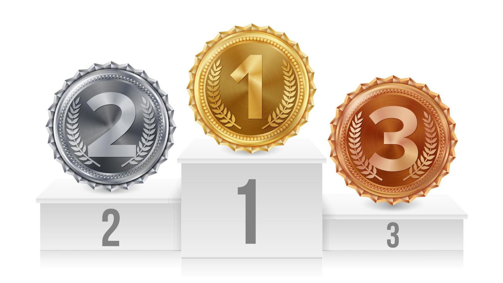 Pedestal With Gold, Silver, Bronze Medals Vector. White Winners Podium. Number One. 1st, 2nd, 3rd Placement Achievement Concept. Isolated Illustration. vector