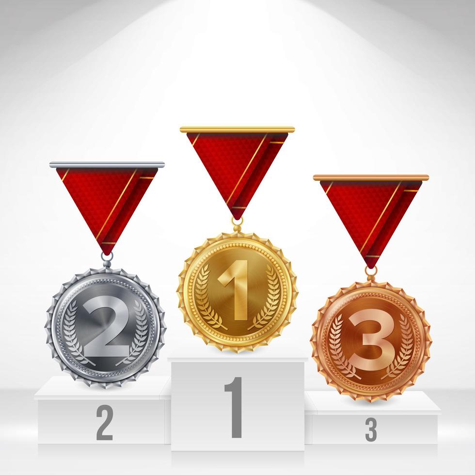 pedestal con vector de medallas de oro, plata y bronce. podio de ganadores blancos. número uno. 1º, 2º, 3º concepto de logro de colocación. ilustración aislada.