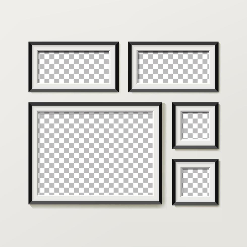 Blank Picture Frame Template Composition Set. Gallery Interior With Empty Wooden Frames Indoor Vector Design