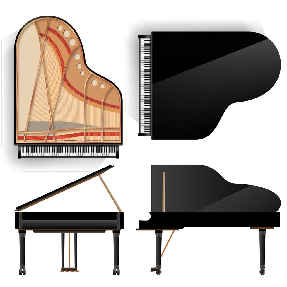 vector de conjunto de piano de cola. Vista superior y trasera de un piano de cola negro realista. abierto y cerrado. ilustración aislada. instrumento musical.