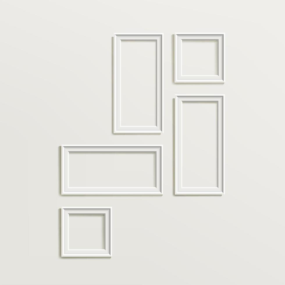 Blank Picture Frame Template Composition Set. Gallery Interior With Empty Wooden Frames Indoor Vector Design