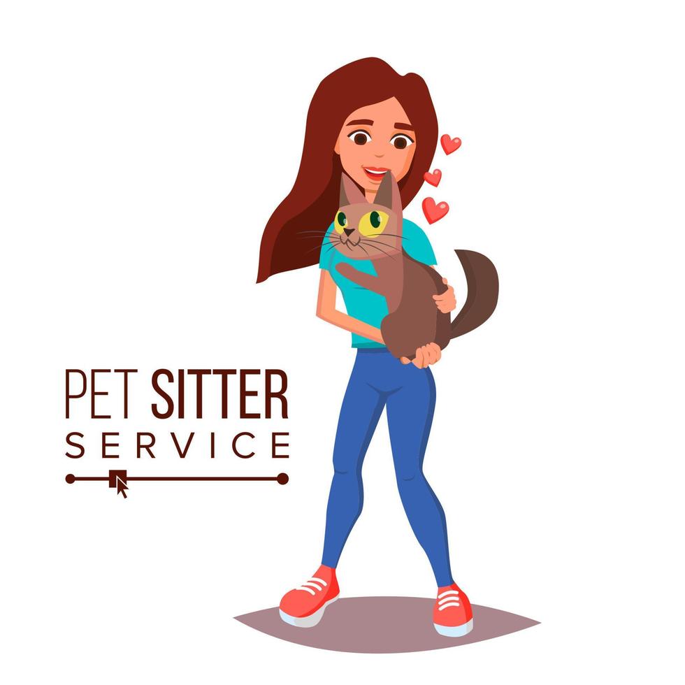 Cat Pet Sitter Service Vector. Professional Pet Sitter Woman. Cat Walking Service. Isolated On White Cartoon Character Illustration vector
