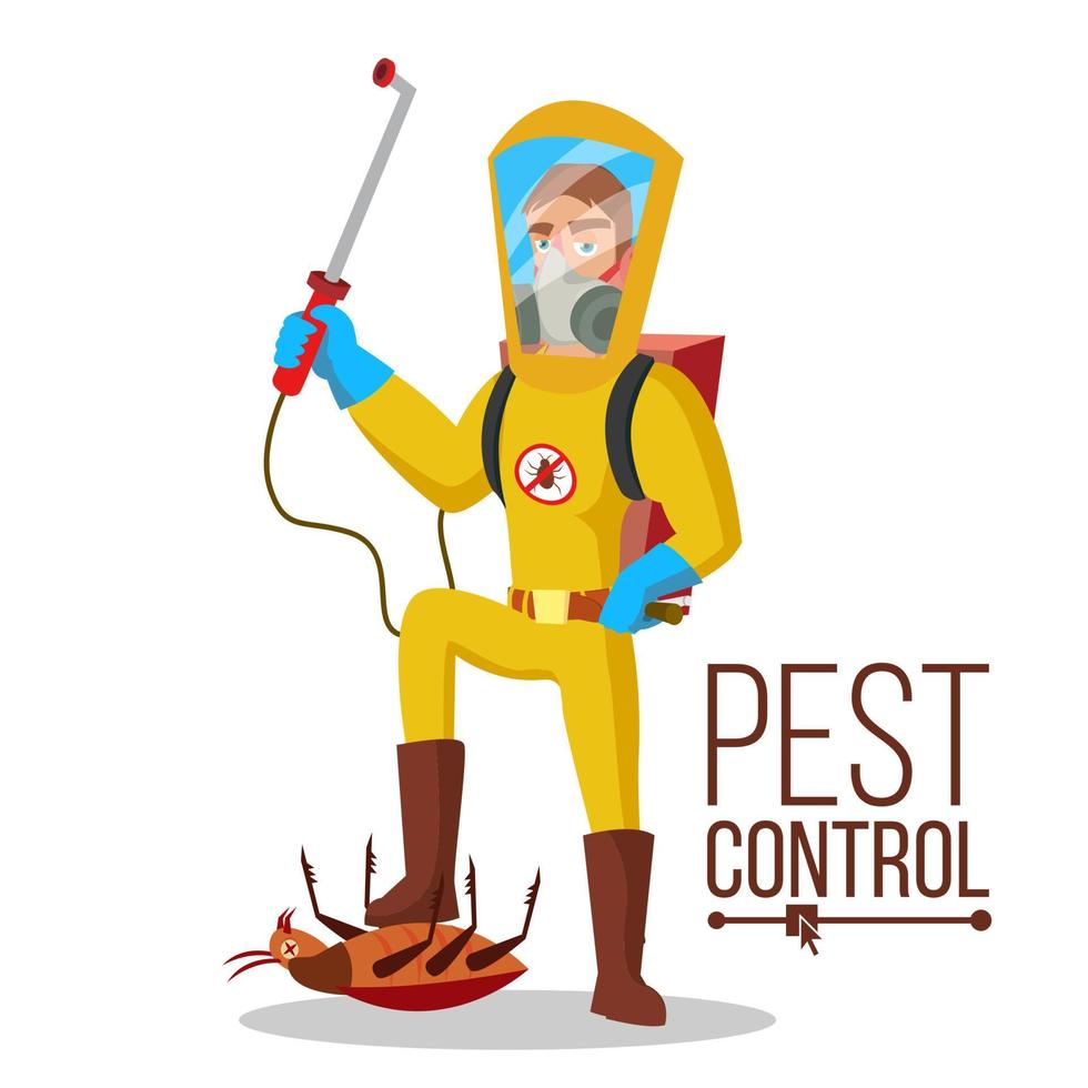 Pest Control Service Vector. Sanitation, Cleaner Washing. Pest Removal. Exterminator Of Insects. Flat Cartoon Illustration vector