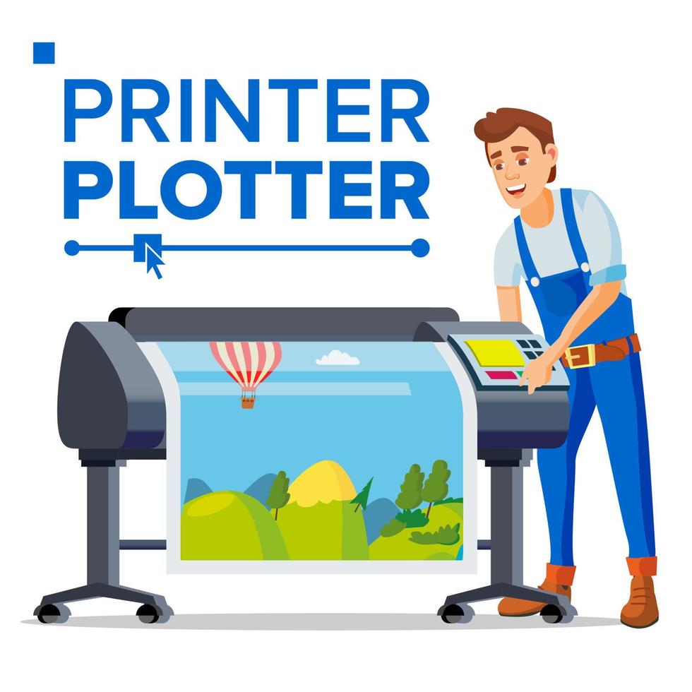 trabajador con vector de plotter. hombre. Impresora multifunción de gran formato. servicio de poligrafia ilustración de dibujos animados plana aislada