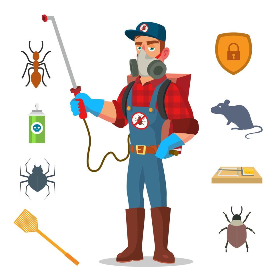 Pest Control Vector. Prevention From Infection, Microbes. Protective Clothes. Anti Germs. Exterminator. Spraying Pesticide. Isolated Flat Cartoon Character Illustration vector