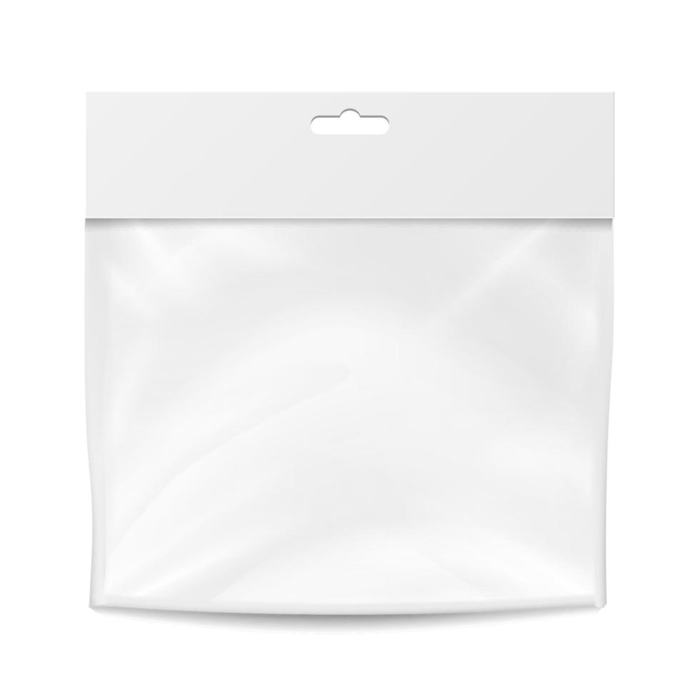 Plastic Pocket Vector Blank. Packing Design. Realistic Mock Up Template Of White Plastic Pocket Bag. Empty Hang Slot. Isolated Illustration