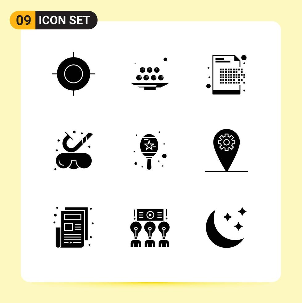 Mobile Interface Solid Glyph Set of 9 Pictograms of underwater goggles ramadan beach encryption Editable Vector Design Elements