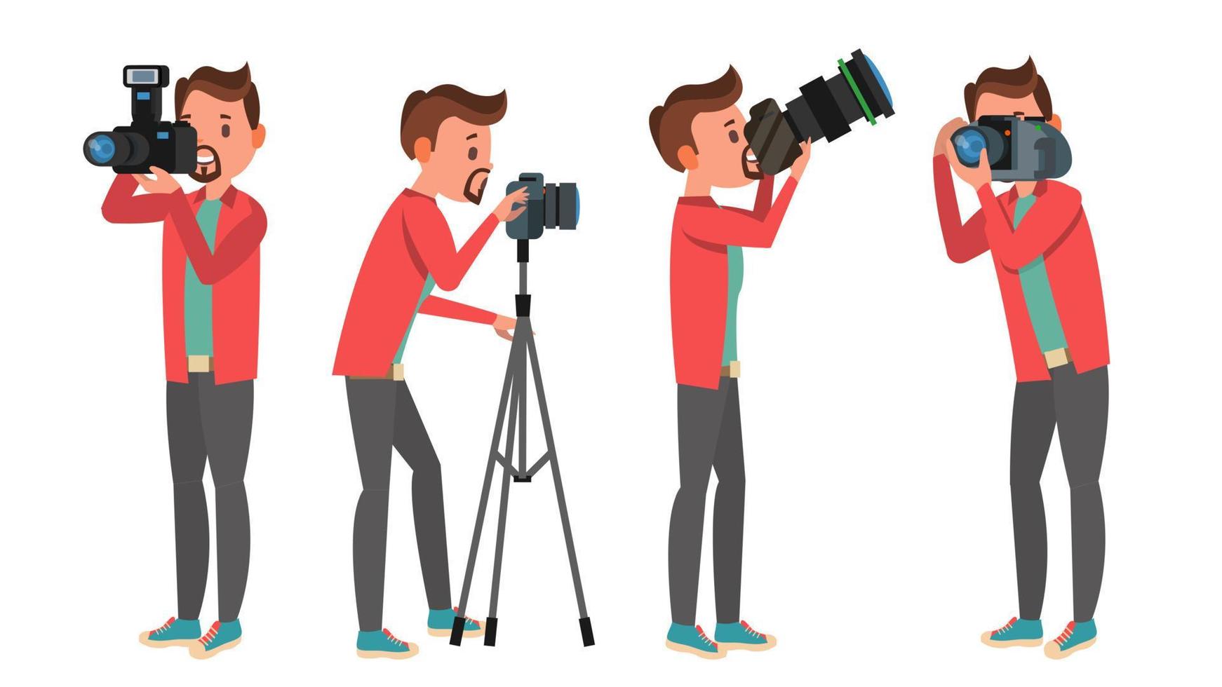 Professional Photographer Vector. Male In Different Poses. Lights And Cameras. Creative Occupation. Profession. Tripod Equipment. Isolated Flat Cartoon Character Illustration vector