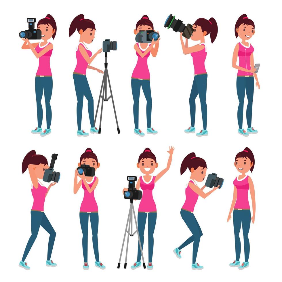 Photographer Female Vector. Modern Camera. Posing. Girl Full Length Taking Photos. Photojournalist, Tourist Design. Flat Cartoon Illustration vector