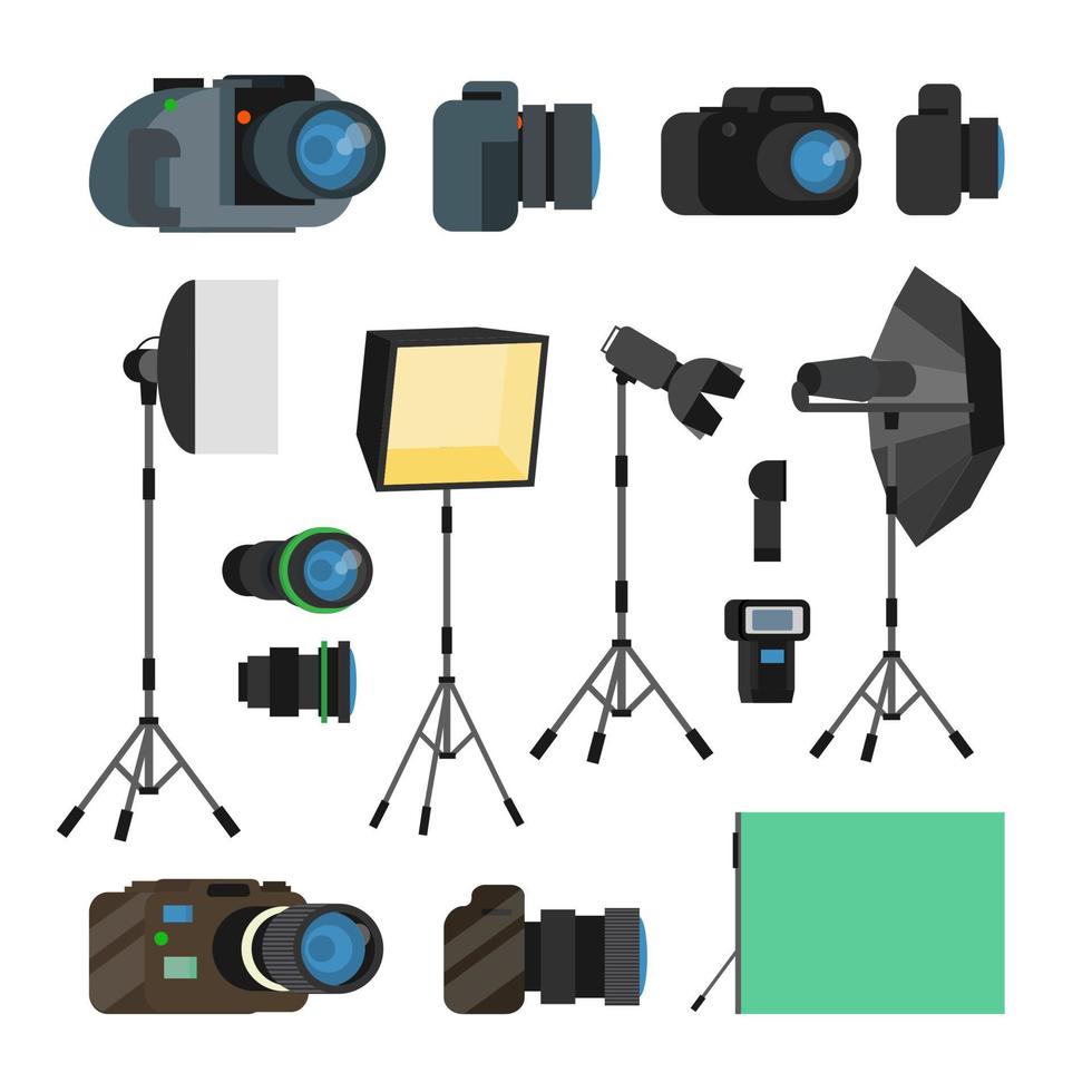 conjunto de herramientas de fotógrafo vector. objetos de fotografía. elementos de diseño de equipos fotográficos, accesorios. cámaras digitales modernas, herramientas para fotografía de estudio profesional. ilustración de dibujos animados plana aislada vector