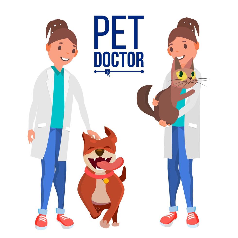 vector de mujer veterinaria. perro y gato. clínica para animales. médico de mascotas, enfermera. tratamiento para animales salvajes, domésticos. ilustración de dibujos animados plana aislada