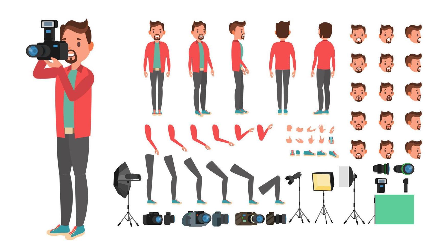 Photographer Vector. Taking Pictures. Animated Man Character Creation Set. Full Length, Front, Side, Back View, Accessories, Poses, Face Emotions, Gestures. Isolated Flat Cartoon Illustration vector