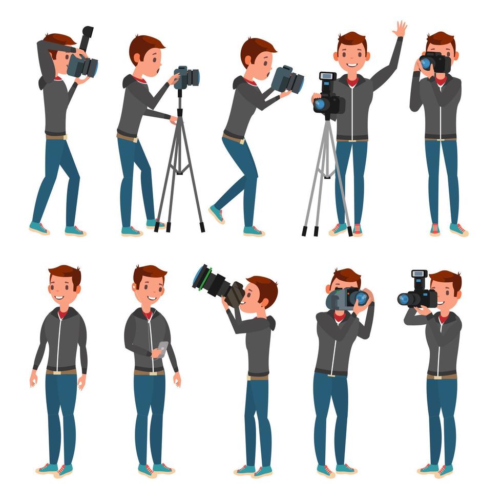 Photographer Vector. Modern Camera. Posing. Full Length Taking Photos. Photojournalist Design. Flat Cartoon Illustration vector