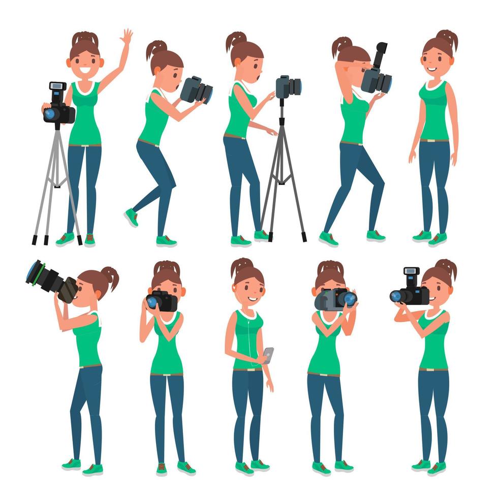 Photographer Woman Vector. hotographer Making Photos. Digital Camera And Professional Photo Equipment. Girl Taking Pictures. Isolated On White Cartoon Character Illustration vector