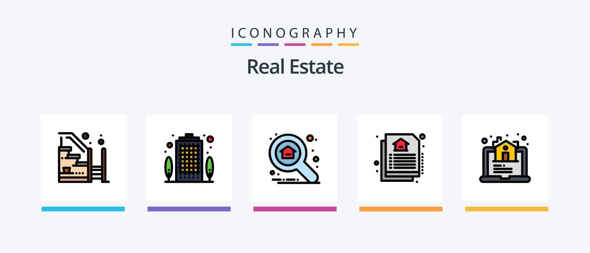 la línea de bienes raíces llenó el paquete de 5 íconos que incluye el mapa. bienes raíces. Progreso. propiedad. llaves de casa. diseño de iconos creativos vector