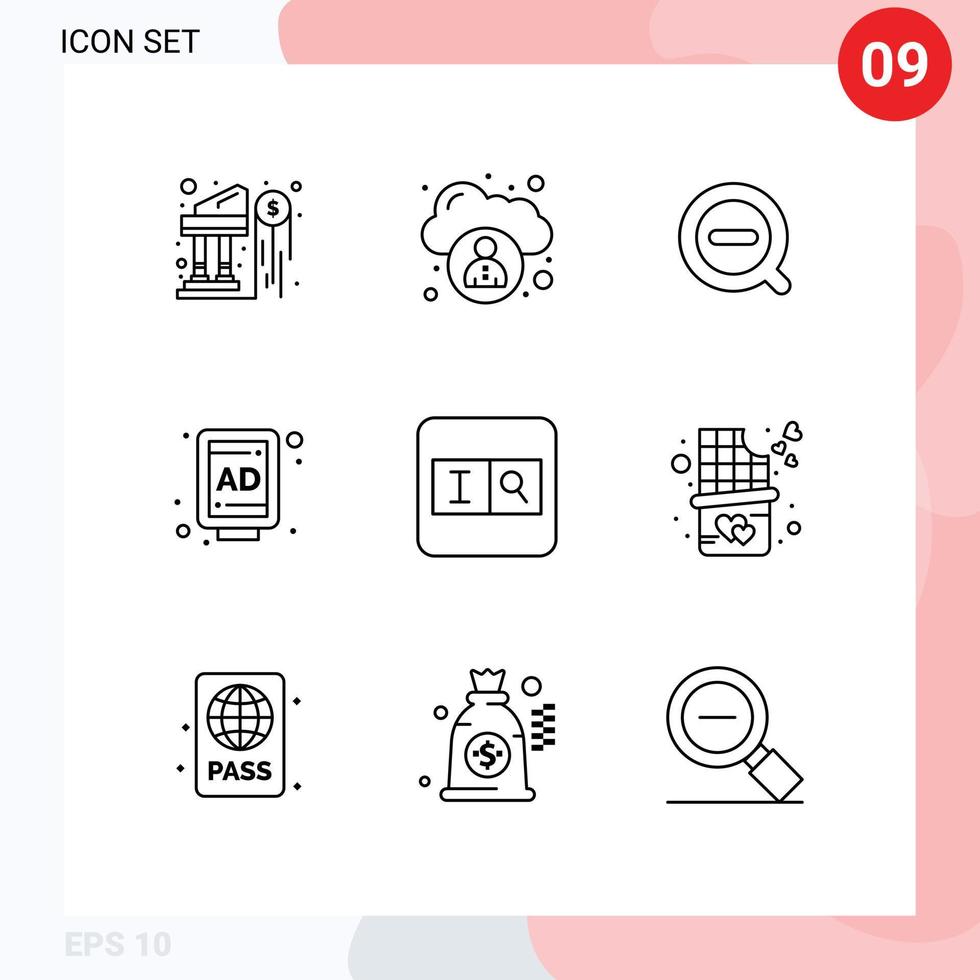 Stock Vector Icon Pack of 9 Line Signs and Symbols for chocolate bar bite search less form billboard Editable Vector Design Elements