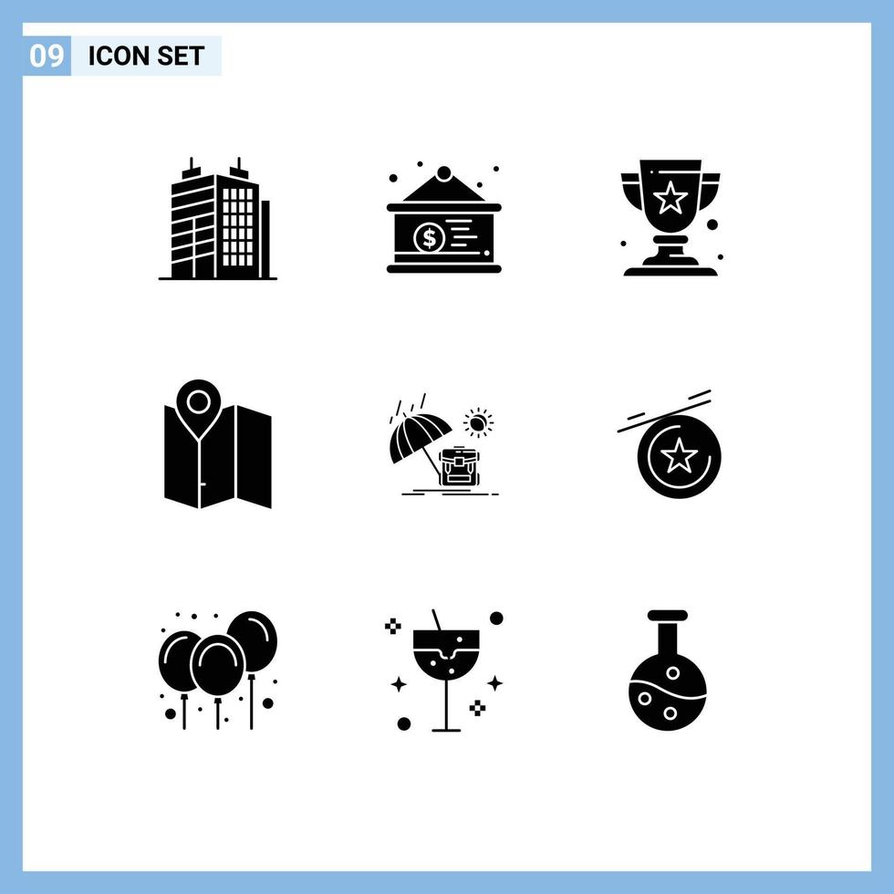Solid Glyph Pack of 9 Universal Symbols of sun summer cup location plan Editable Vector Design Elements