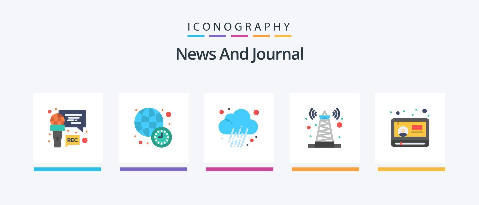 Paquete de 5 íconos planos de noticias que incluye jugar. satélite. el periodista. torre. señal. diseño de iconos creativos vector