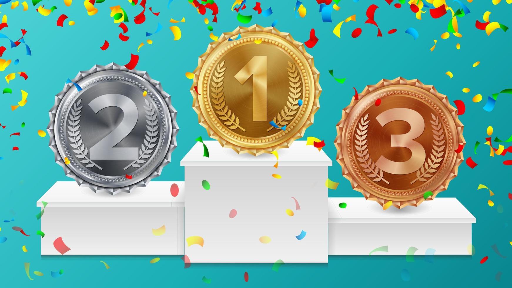 Winner Pedestal With Gold, Silver, Bronze Medals Vector. White Winners Podium. Number One. Red Ribbon, Olive Branch, Confetti. Competition Trophy. Isolated Illustration. vector