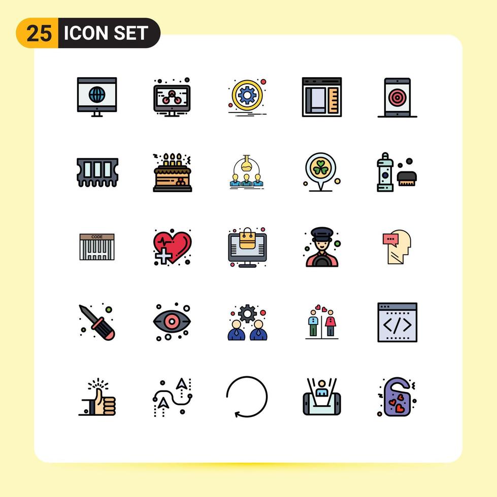 25 colores planos de línea rellena universales establecidos para aplicaciones web y móviles página de medios desarrollo de signos codificación elementos de diseño de vectores editables