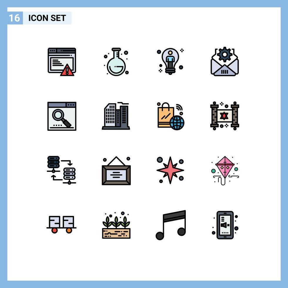 paquete de 16 líneas modernas llenas de color plano, signos y símbolos para medios de impresión web, como elementos de diseño de vectores creativos editables de correo de engranaje de idea de motor optimizado