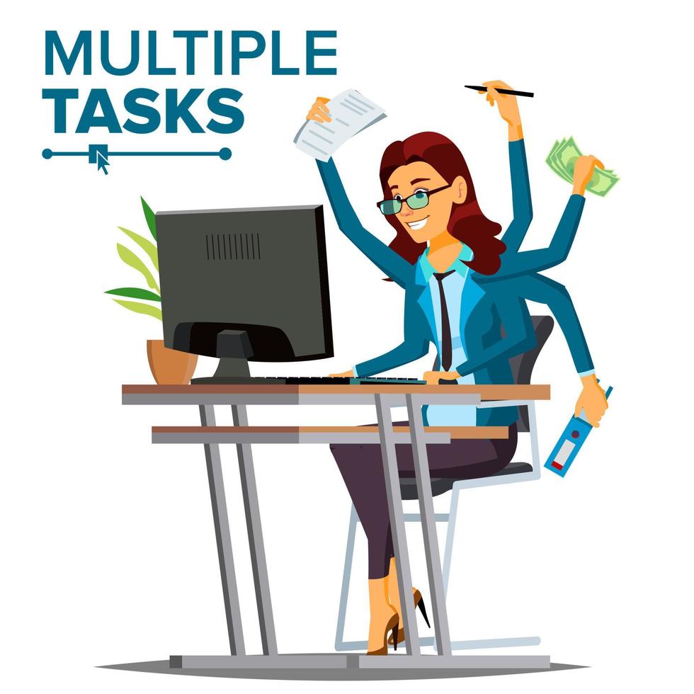 Multiple Tasks Business Woman Vector. Many Hands Simultaneously. Financial Occupation. Talented Worker. Flat Cartoon Illustration vector