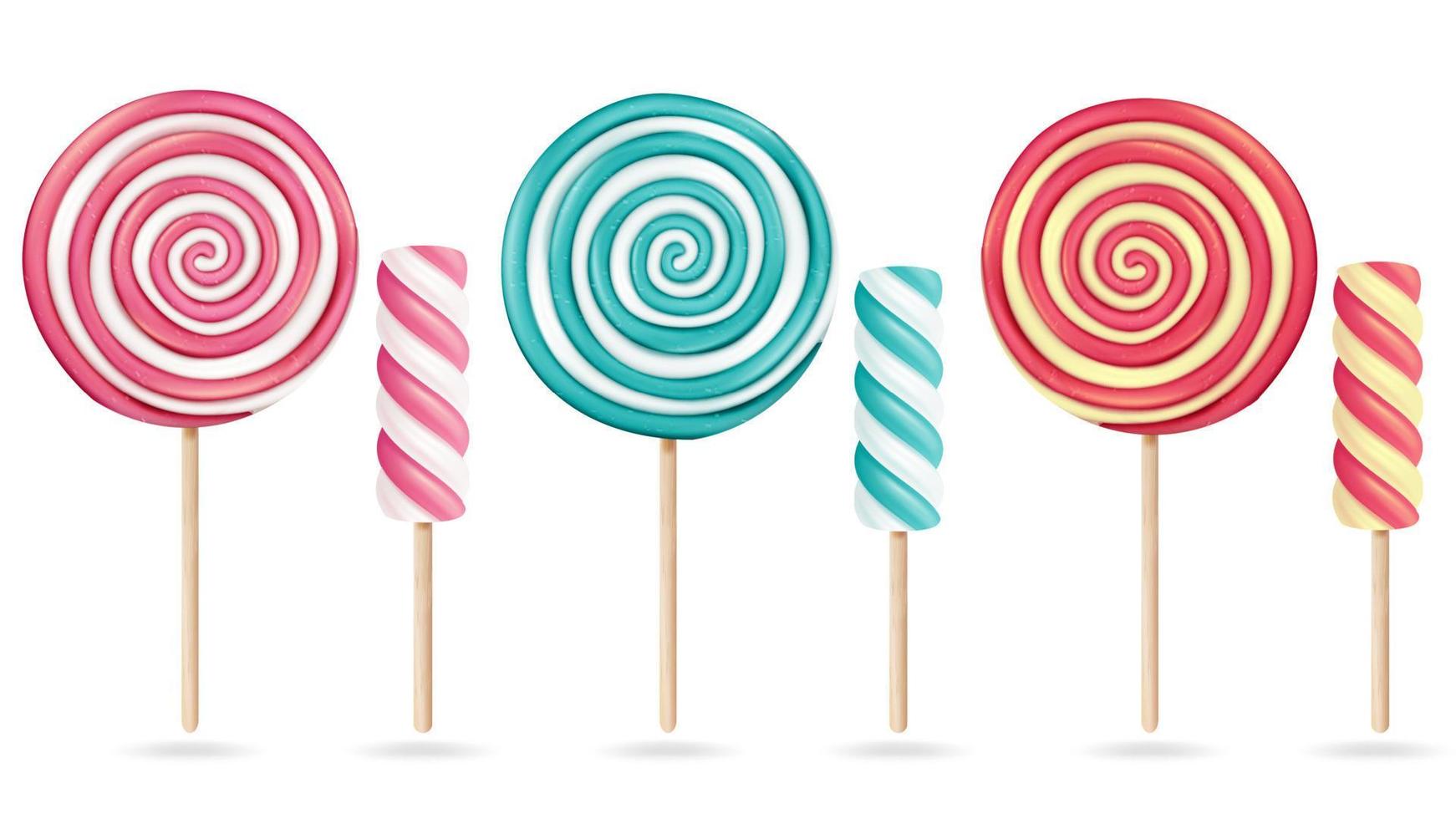 Round Pink Lollipop Set Vector. Cream Marshmallow On Stick. Sweet Realistic Candy Spiral Isolated Illustration vector