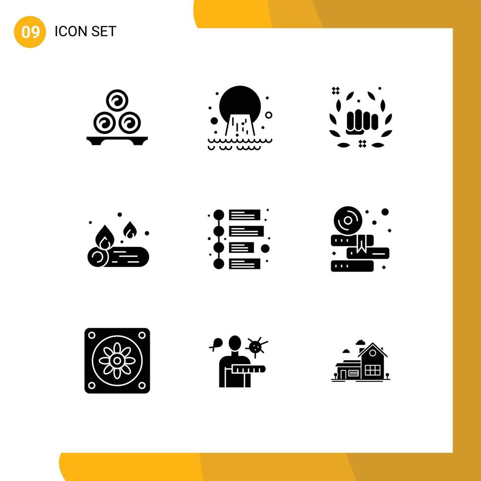 Pack of 9 Modern Solid Glyphs Signs and Symbols for Web Print Media such as fire camp sewage fist punch Editable Vector Design Elements