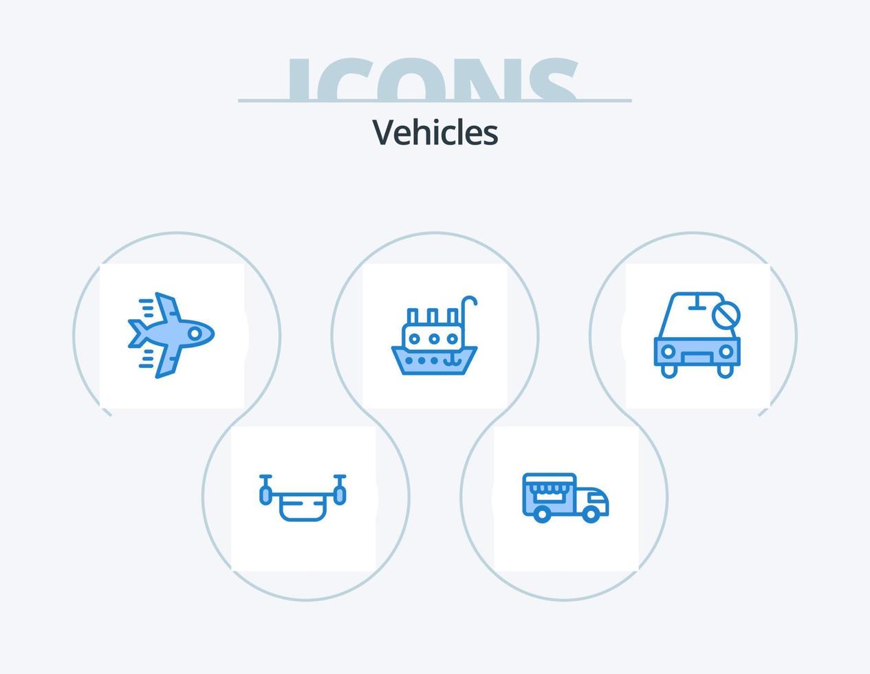 vehículos icono azul paquete 5 diseño de iconos. no. auto. avión. buque. marina vector