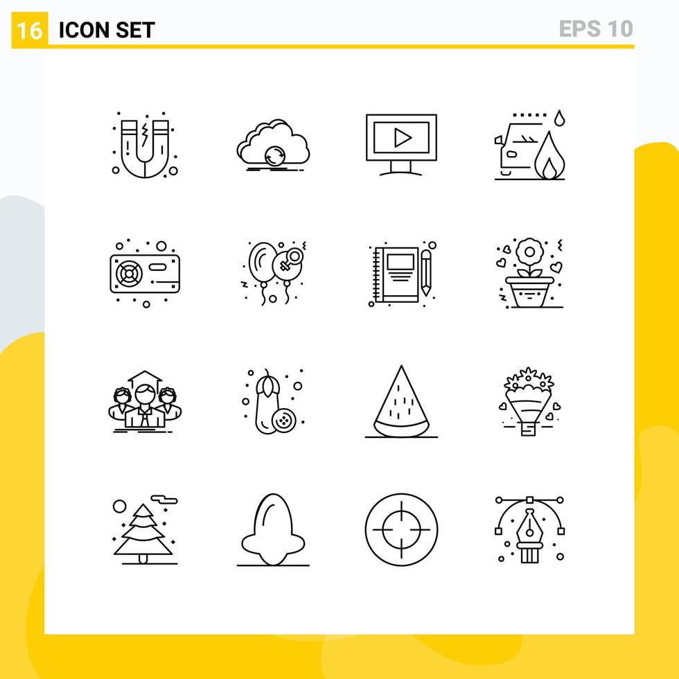 User Interface Pack of 16 Basic Outlines of hardware computer monitor road car Editable Vector Design Elements