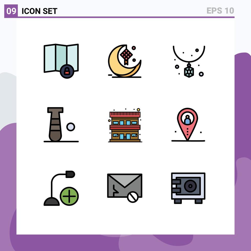 Pack of 9 Modern Filledline Flat Colors Signs and Symbols for Web Print Media such as accommodation sport accessories game baseball Editable Vector Design Elements