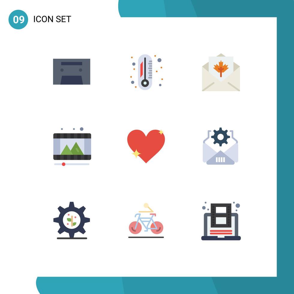 9 Universal Flat Color Signs Symbols of like heart greetings reel play store Editable Vector Design Elements