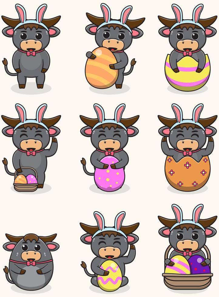 Happy Easter. Cute Buffalo on the Easter theme in cartoon. Vector illustration. Isolated on white background. Easter holiday vector set.