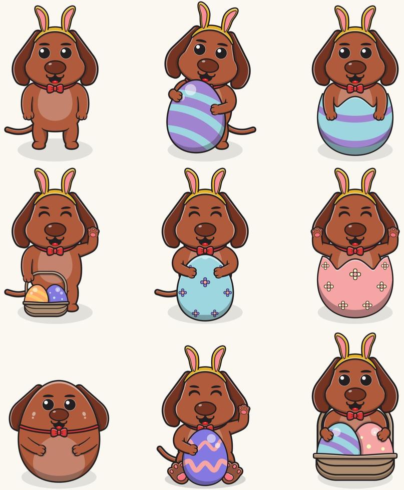 Dog Happy Easter. Cute Dog on the Easter theme in cartoon. Vector illustration. Isolated on white background. Easter holiday vector set.