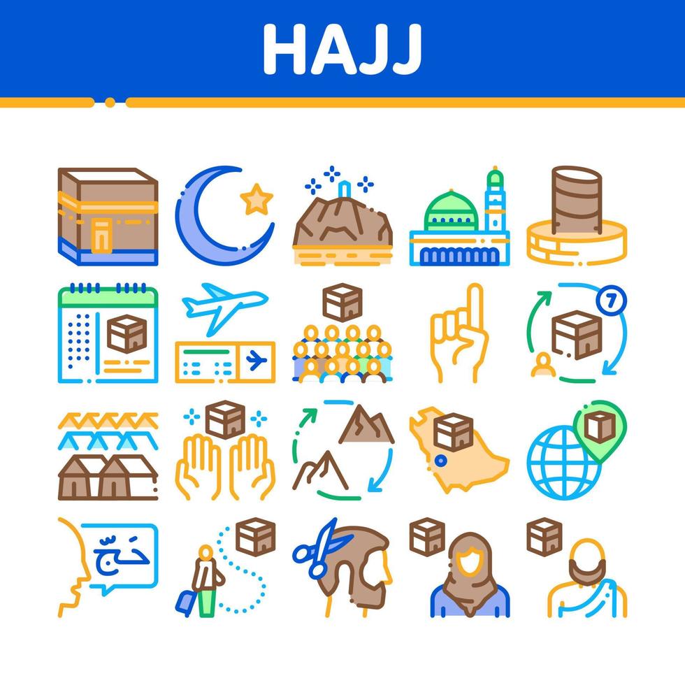 Hajj Islamic Religion Collection Icons Set Vector