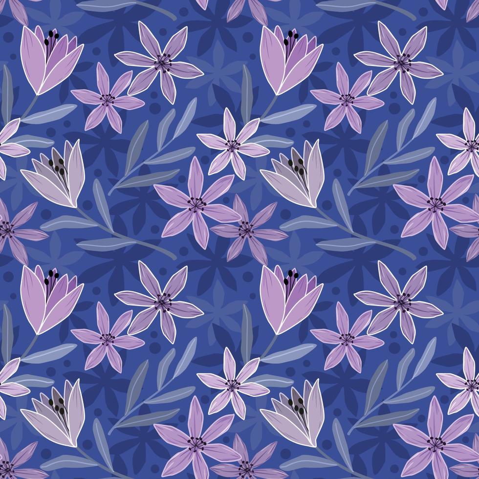 Purple flowers and leaf on dark blue background. vector