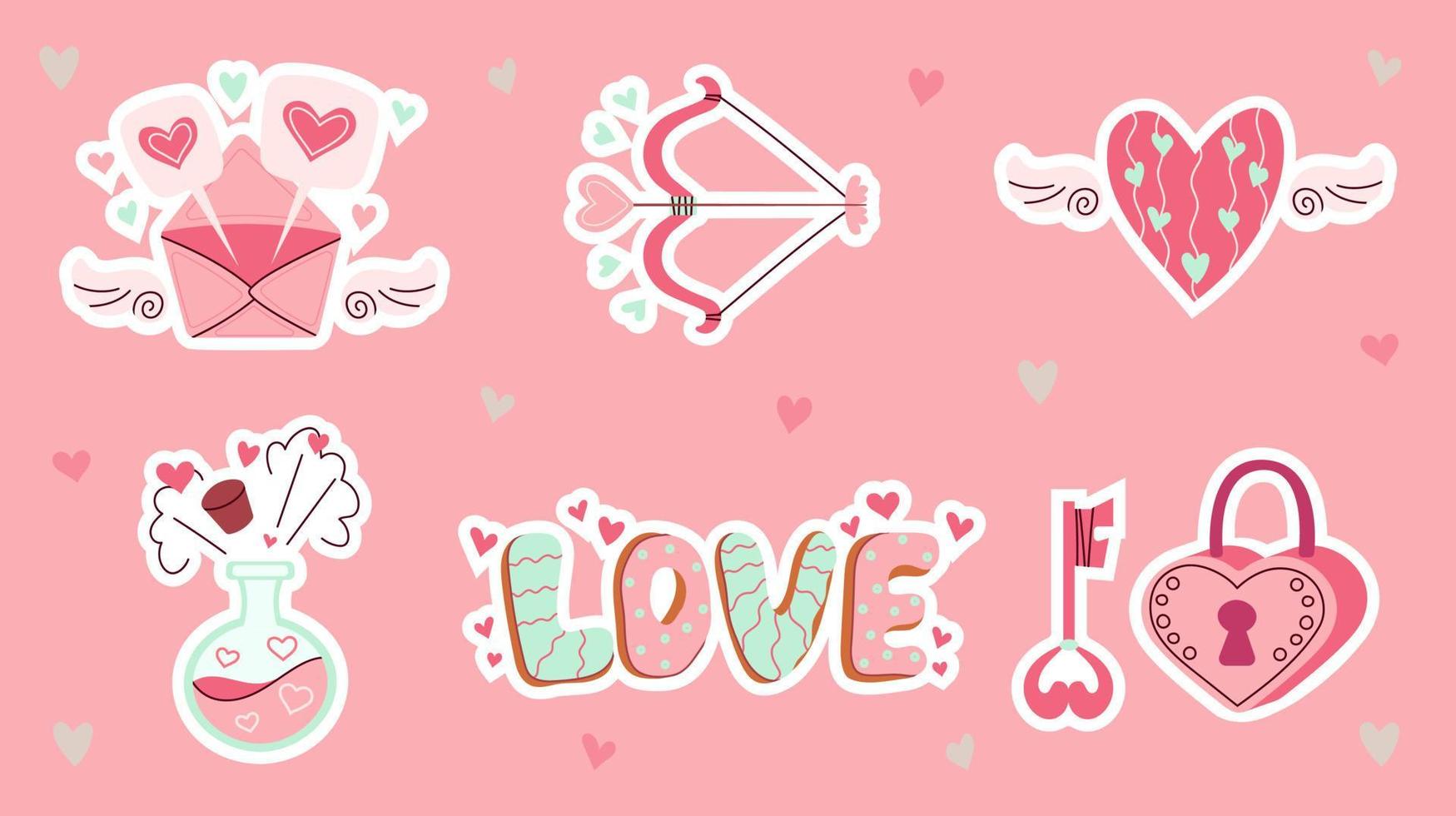 Love set. Cute stickers romantic elements. Doodle in cartoon style. Valentines day. Vector illustration for design.