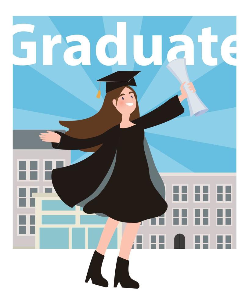 Happy graduate students with school background vector illustration