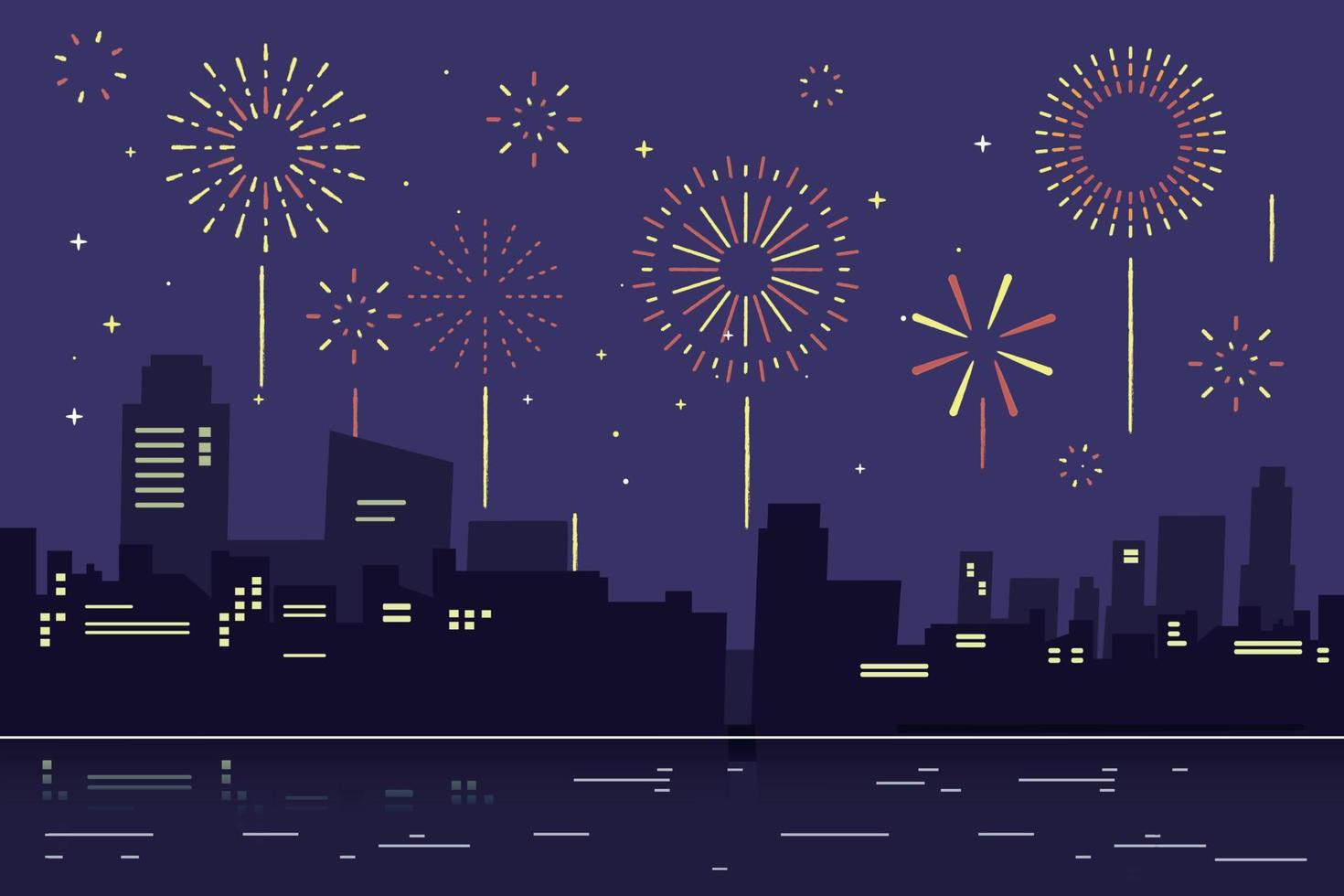 City holiday celebration panorama with firework show background design. vector