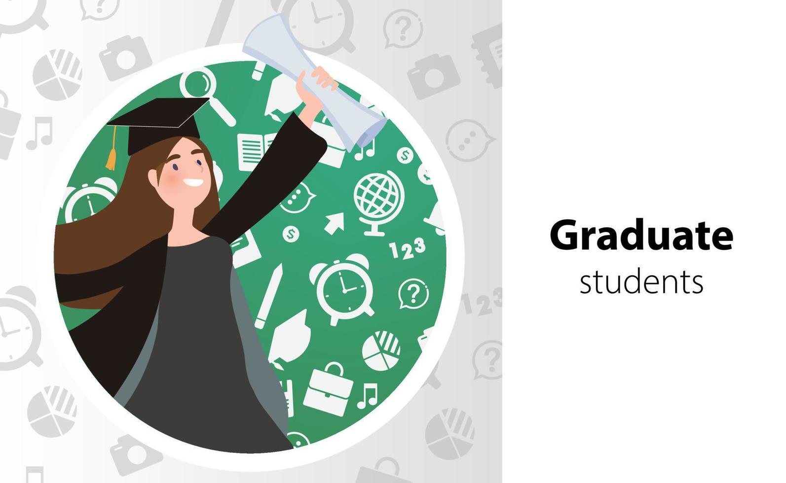 Happy graduate students with school background vector illustration