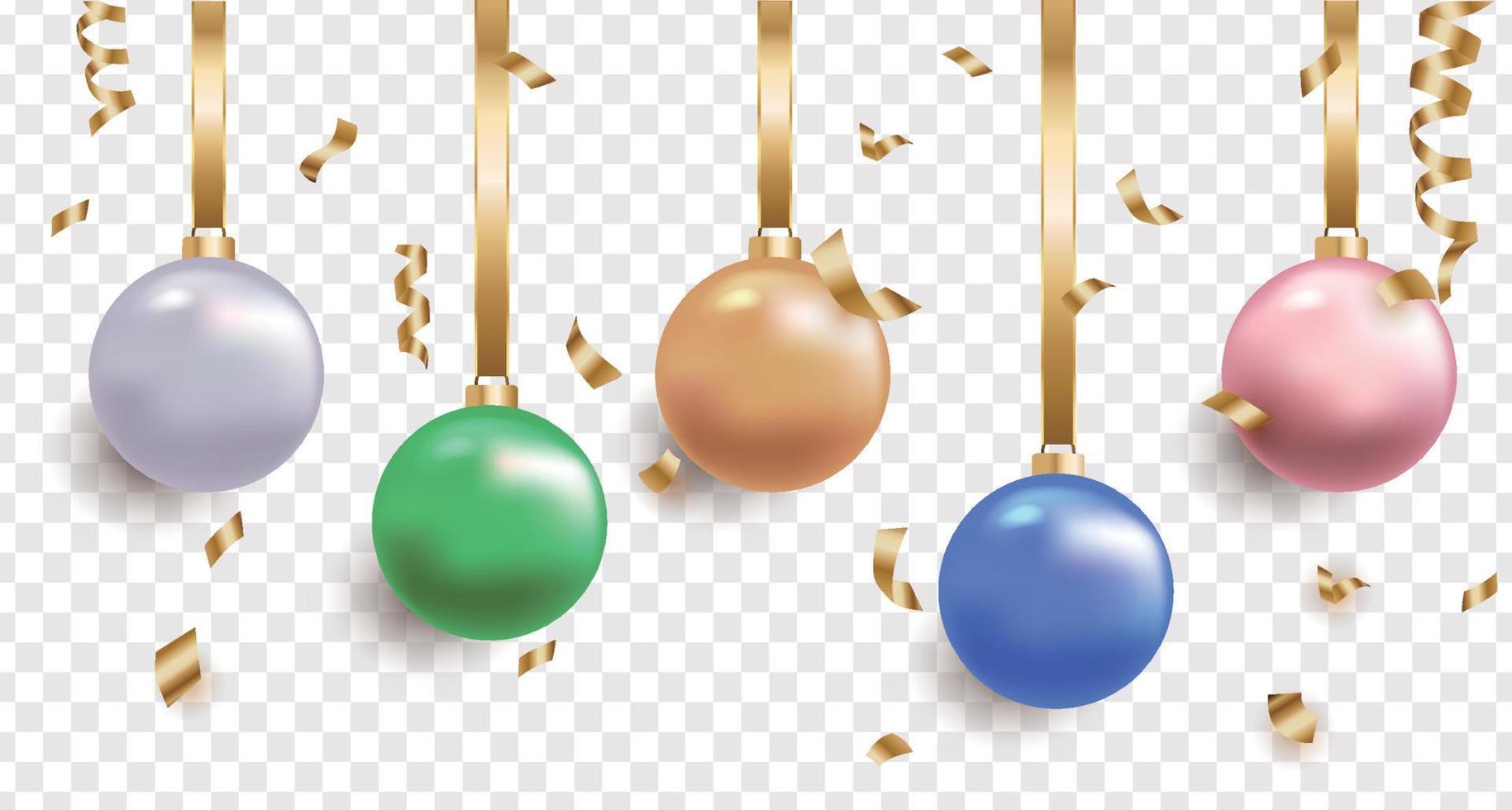 bola dorada de navidad con confeti y cintas.confeti y cintas de metal 3d, fondo de lujo vector