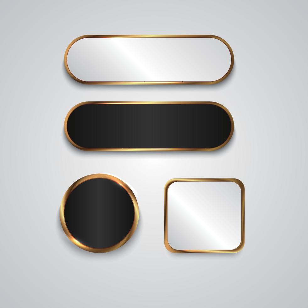simples botones 3d en blanco y negro brillantes y tablero de forma dorada o vector de marco