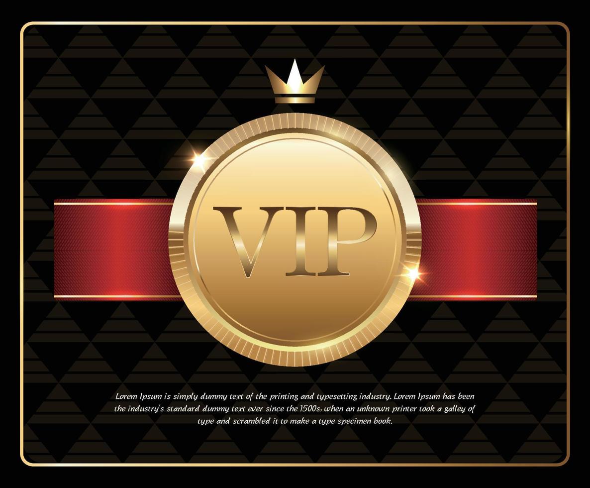 Golden bronze medal with red ribbon.VIP invitation design template.ribbon and VIP invitation text on black luxury background. vector