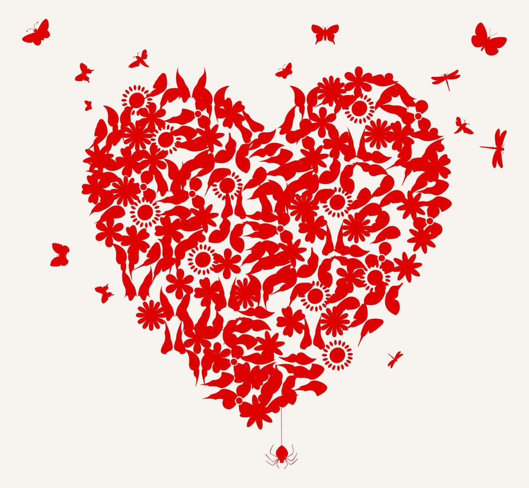 Heart from butterflies and a flower of red colour. A vector illustration