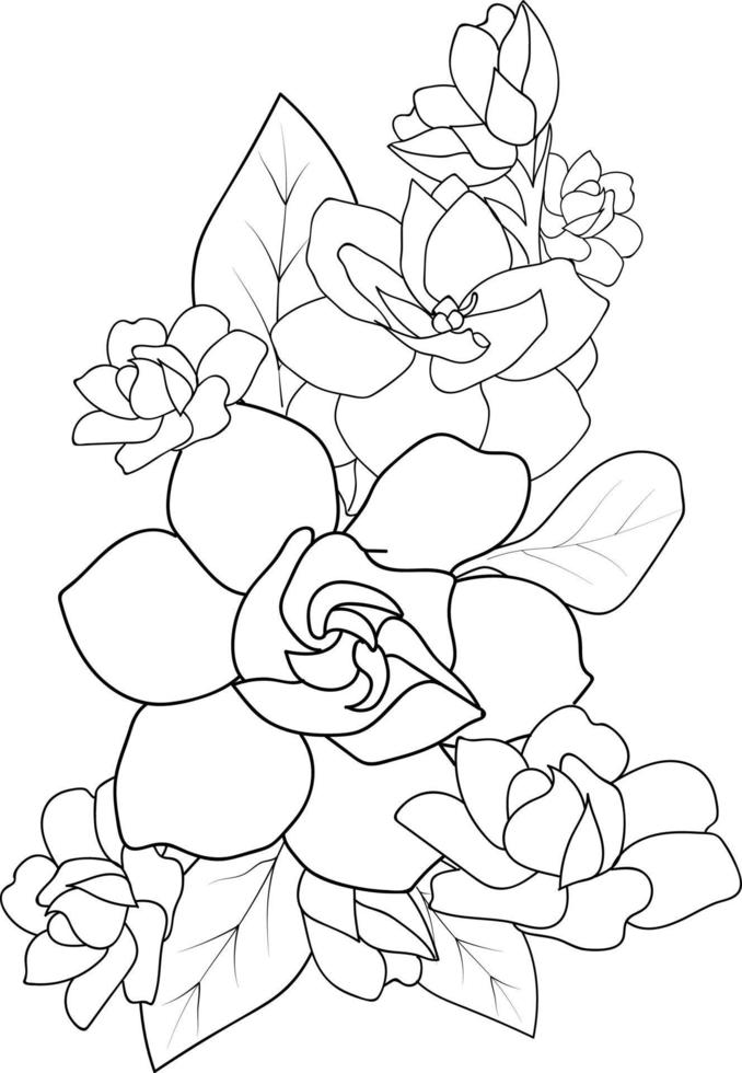 Hand-drawn gardenia flower bouquet vector sketch illustration engraved ink art botanical leaf branch collection isolated on white background coloring page and books.