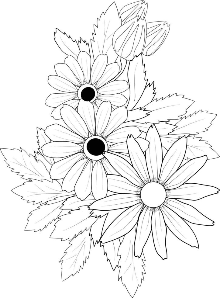 Hand drawn sun flower collection of black-eyed sunshine botanical leaf bud illustration color page bouqute of sunflower. vector