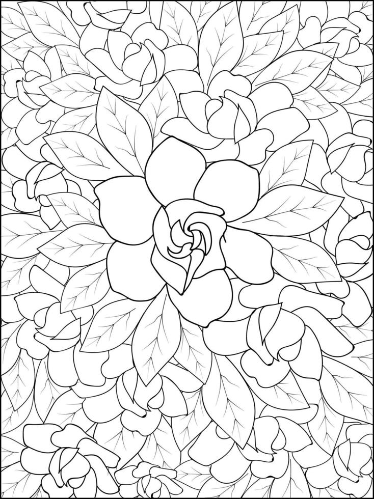 Pattern with flowers of Gardenias Outline print with blossoms, leaves, and buds on a white. A drawing with ink contours of jasmins. Tropical trendy exotic floral poster or coloring page. vector