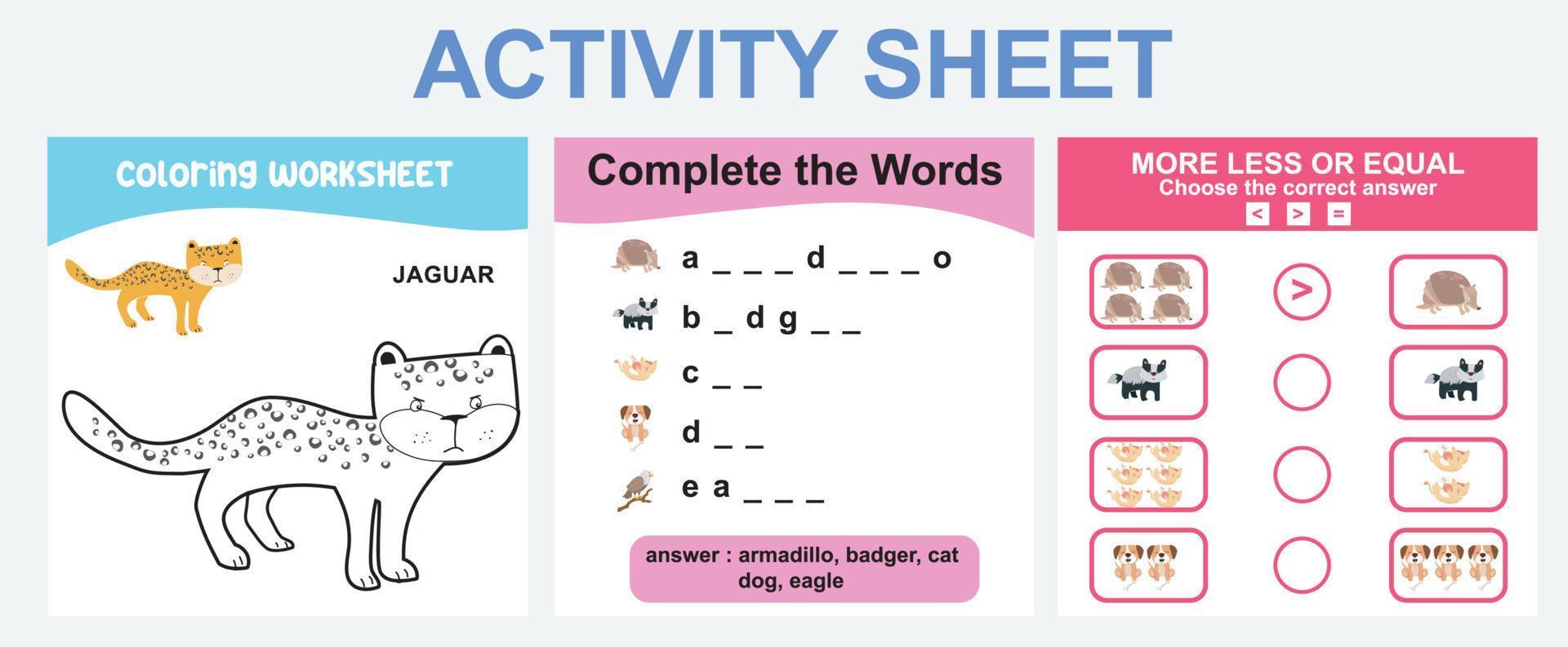 Educational printable worksheet. Activity sheet for children with animal theme. Coloring sheet, complete the words, more or less activity. Vector file.